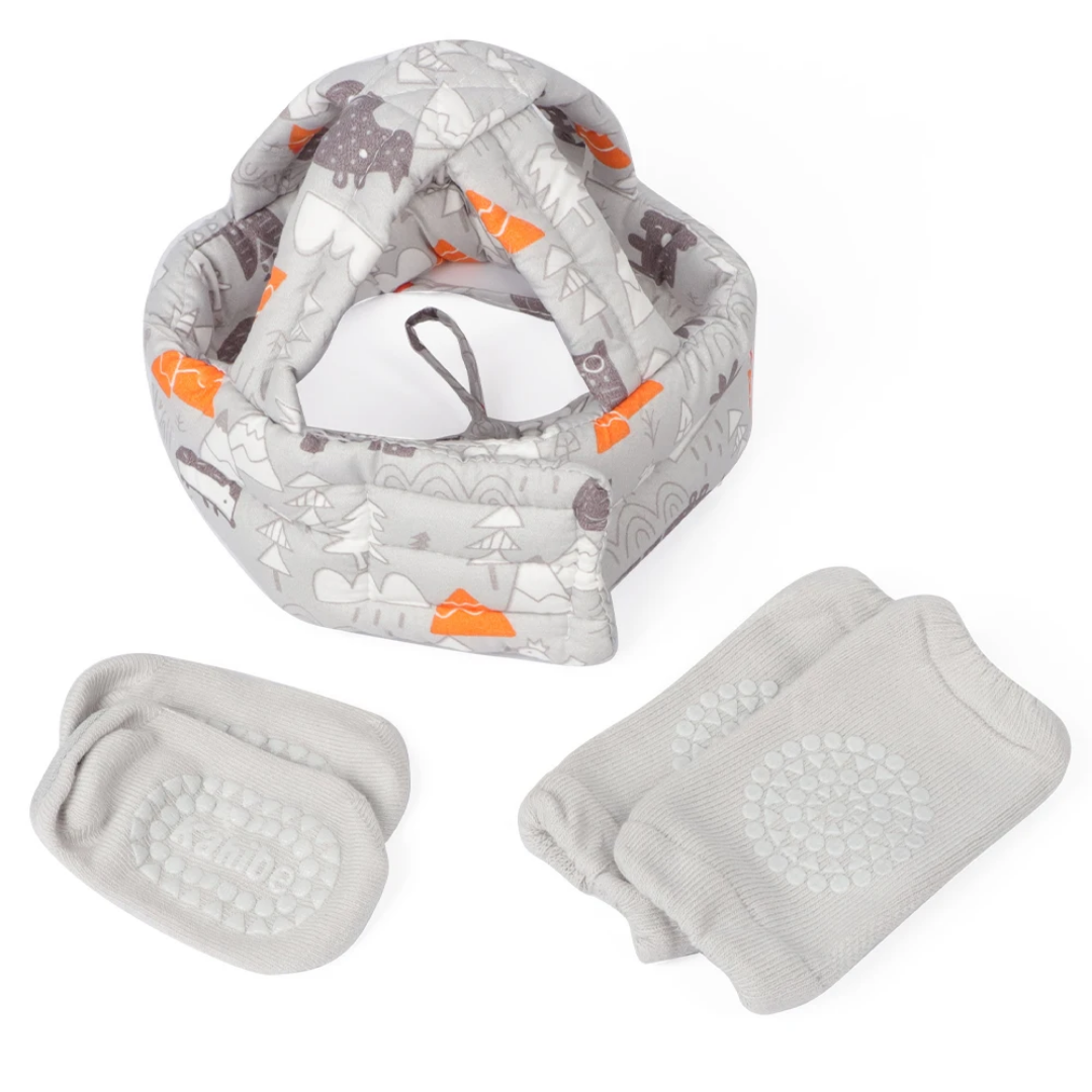 Casque rembourré gris à motifs avec accessoires textiles blancs sur fond blanc